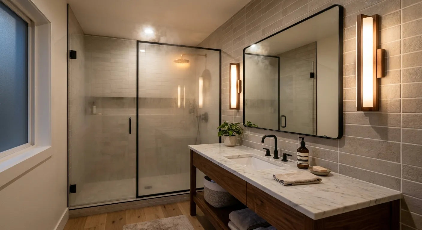 Applique murale bois et miroir dans une salle de bain moderne - résistance humidité