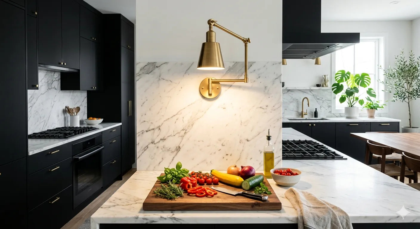 Applique murale orientable en laiton éclairant parfaitement un plan de travail en marbre dans une cuisine moderne