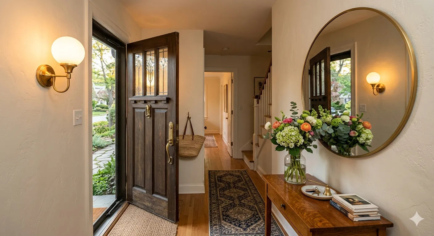 Entrée accueillante avec une applique murale en laiton et verre opalin créant une lumière chaleureuse près de la porte d'entrée Image