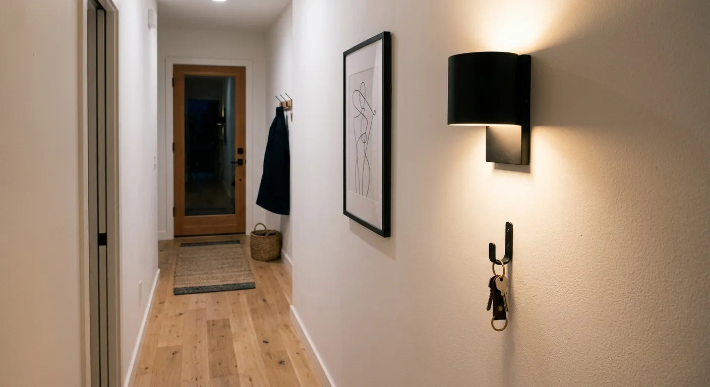 Applique murale moderne dans une entrée étroite créant une lumière douce et accueillante Image