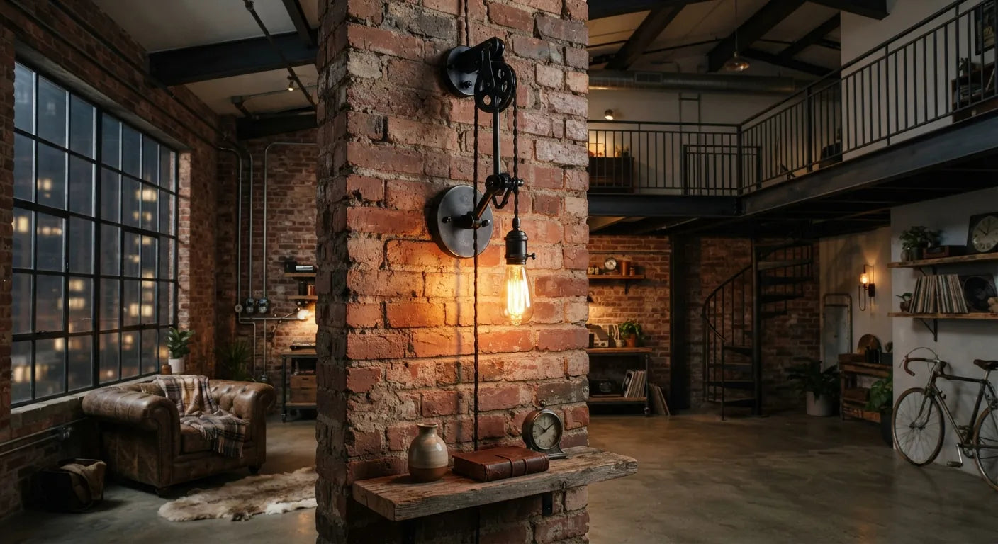 Applique murale industrielle vintage sur mur en brique — style loft authentique Image