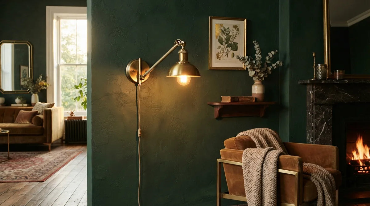 Applique murale en laiton brossé sur mur vert profond, ambiance chic Image