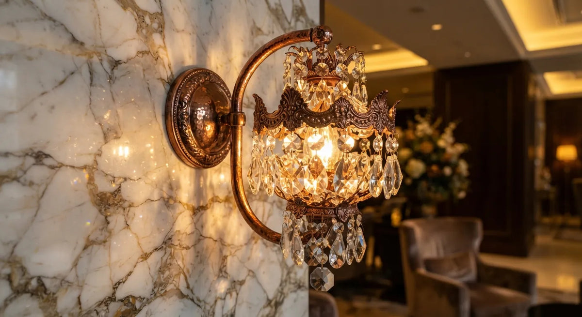 Applique murale luxe en cristal, marbre et cuivre — matières nobles intérieur premium