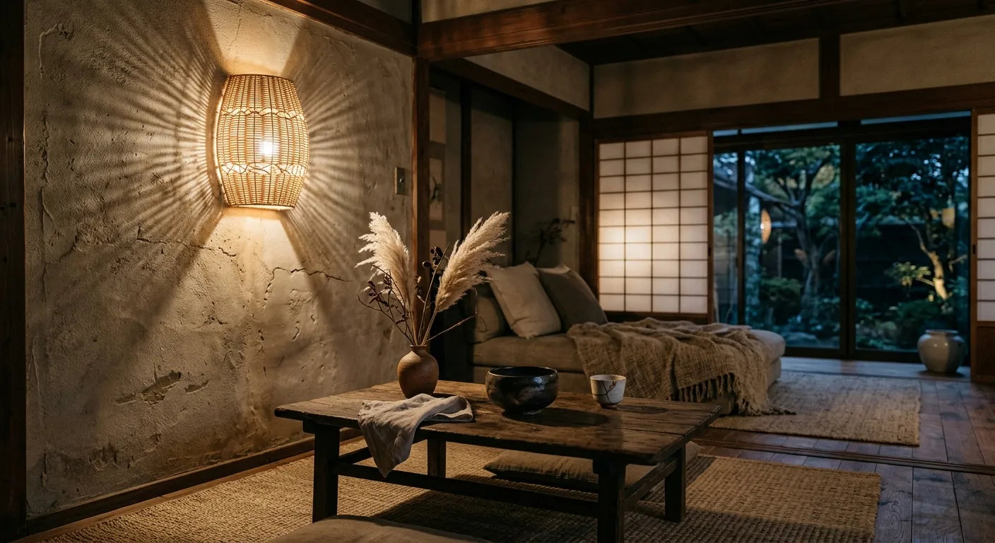 Applique murale rotin wabi-sabi dans salon japonais épuré - lumière douce et ombres organiques Image