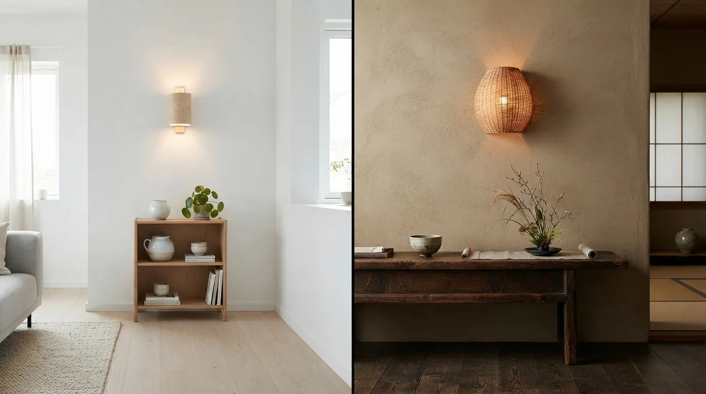 Comparatif applique murale scandinave bois nordique versus japonaise rotin wabi-sabi Image
