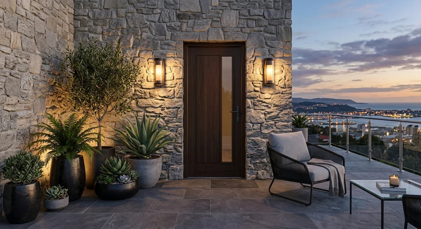 Applique murale terrasse LED étanche design moderne sur mur en pierre Image