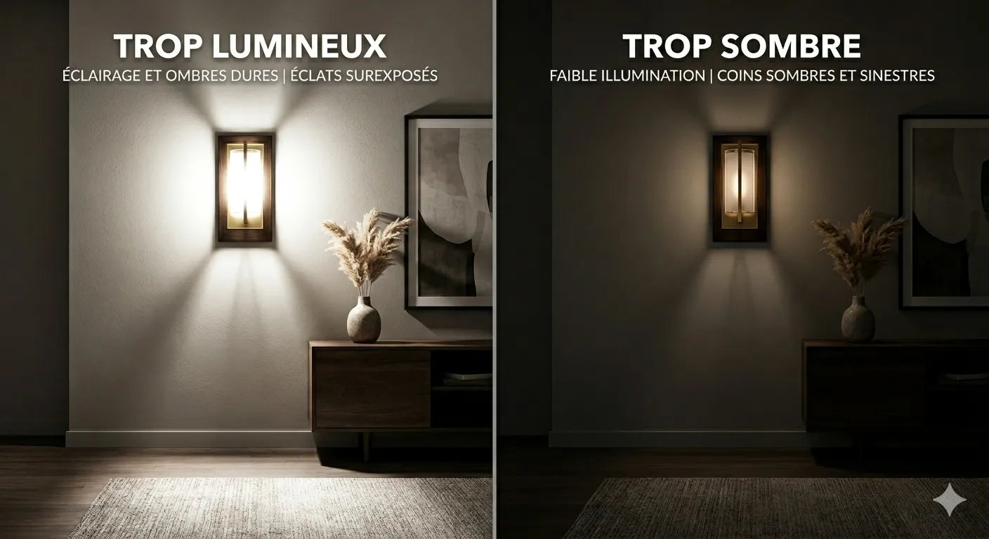Comparaison applique murale trop lumineuse vs pas assez lumineuse Image