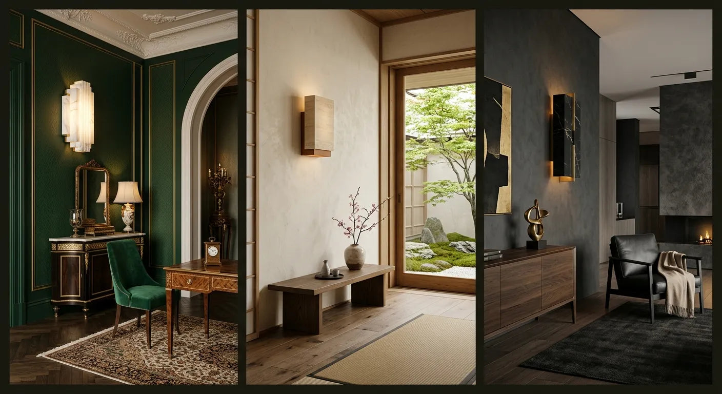 Appliques murales marbre dans trois styles déco - art déco vert, japonais blanc, luxe contemporain anthracite Image