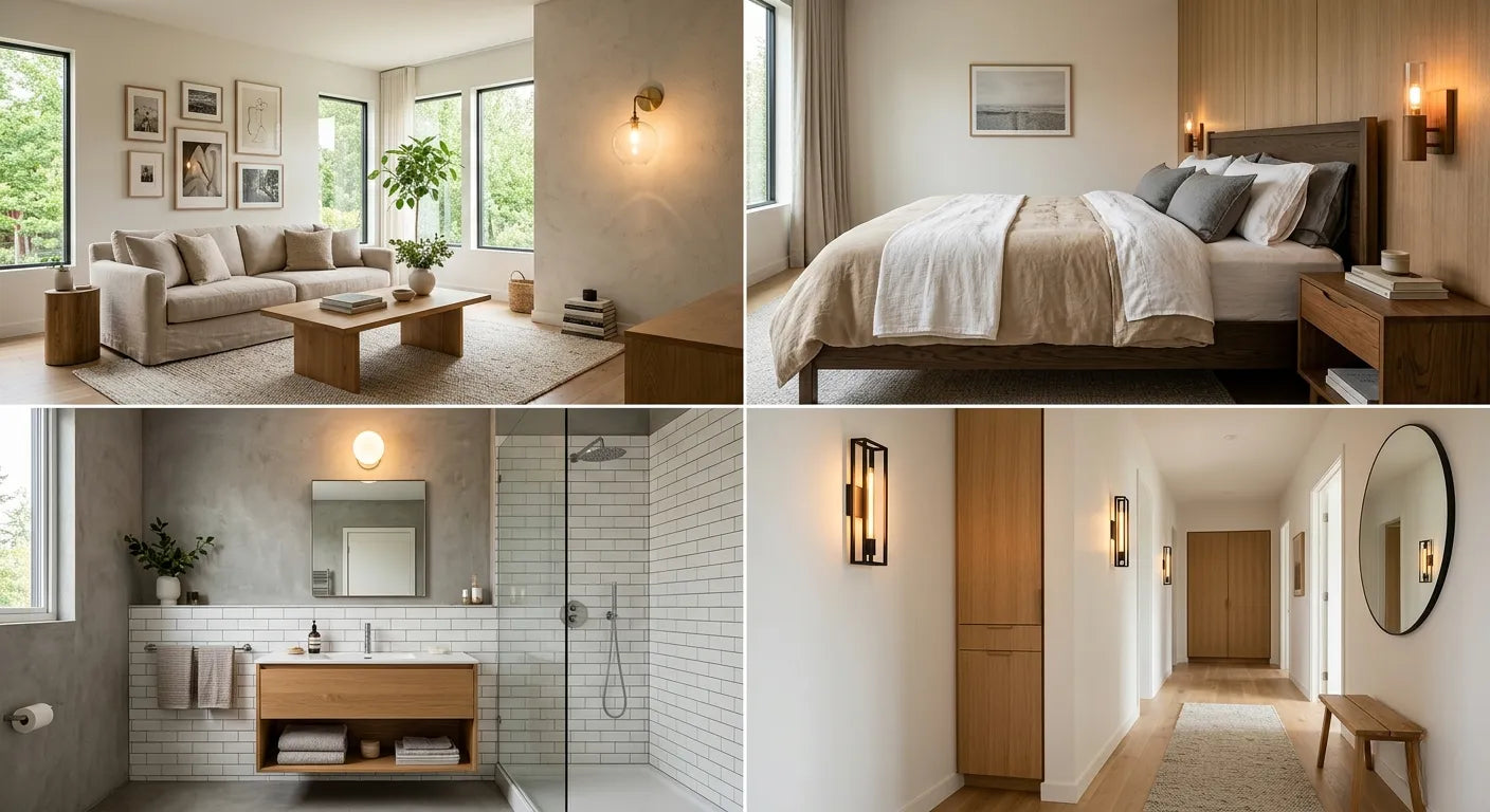 Appliques murales scandinaves par pièce - salon verre, chambre bois, salle de bain miroir, couloir métal