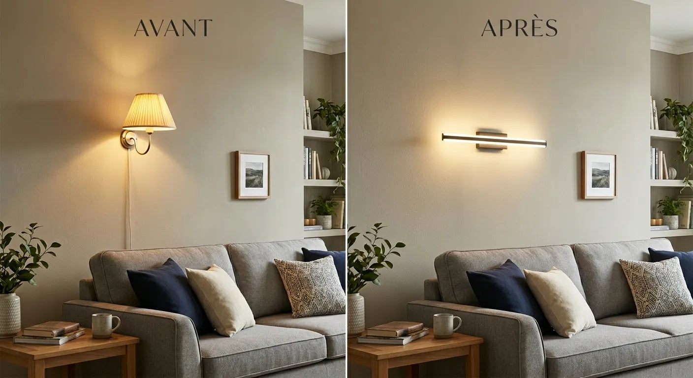 Avant après remplacement applique murale rénovation salon transformation visuelle