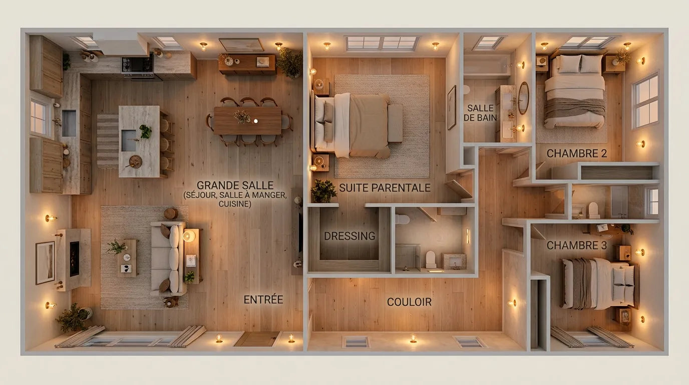 Maison éclairée pièce par pièce par des appliques murales, vue d'ensemble Image