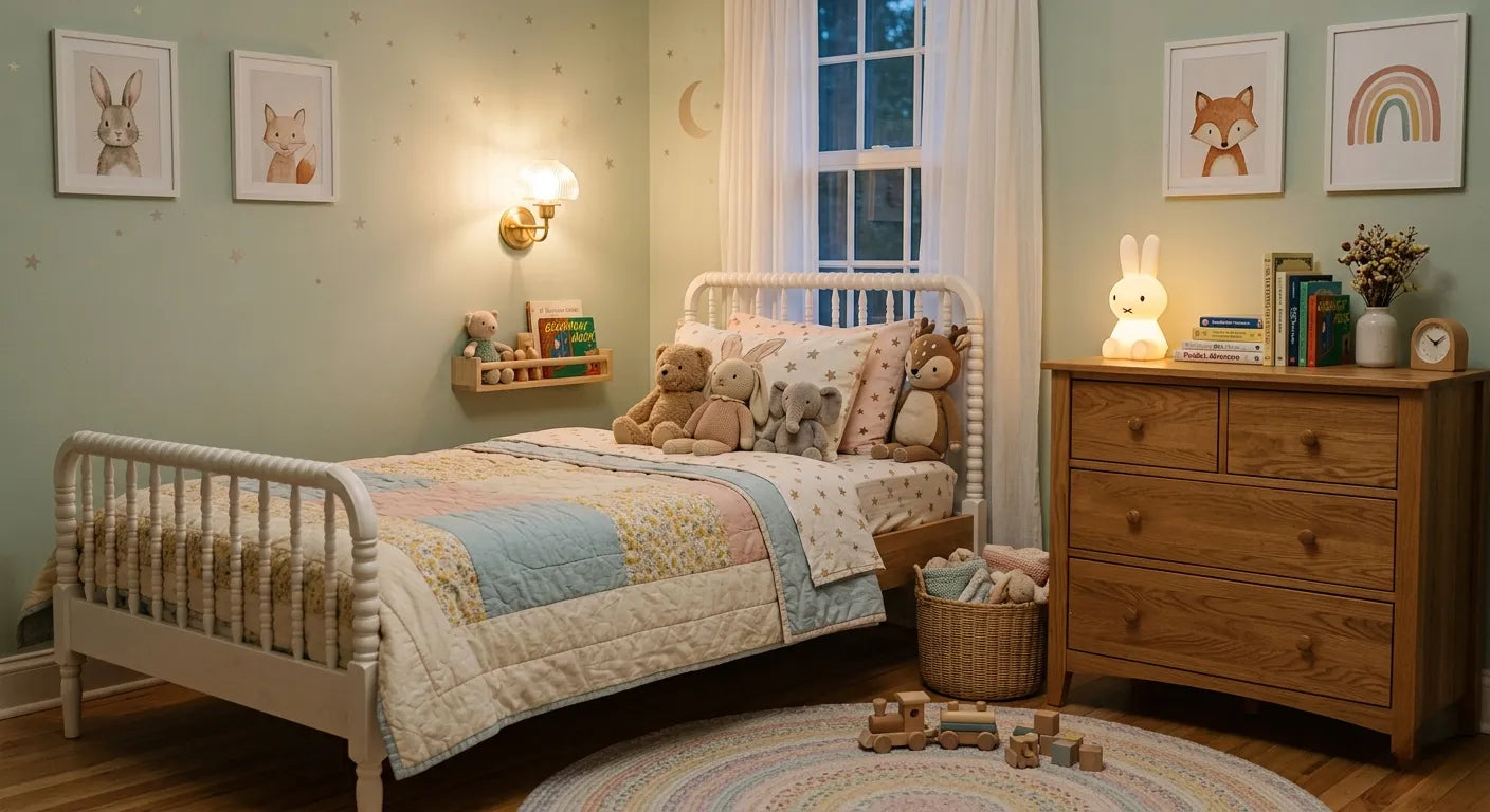 Chambre enfant avec applique murale lumière douce chaleureuse sécurisée au-dessus du lit Image