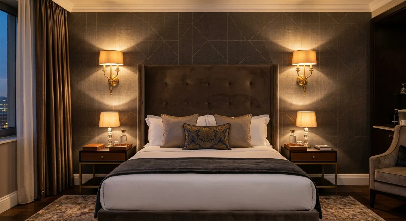 Chambre hôtel luxe appliques murales symétriques laiton doré ambiance chaleureuse tête de lit Image