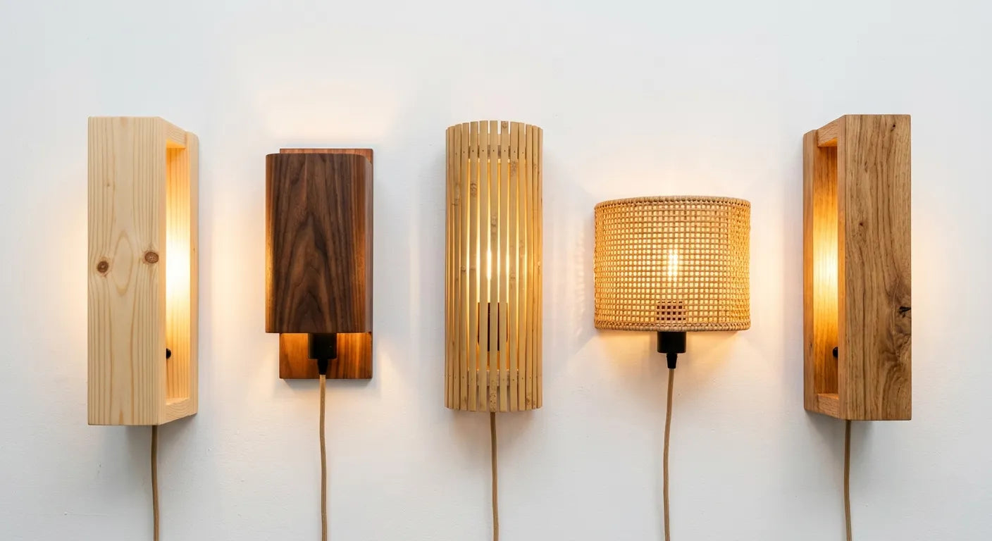 Comparaison appliques murales bois par essence - pin, noyer, bambou, rotin, chêne et leurs effets lumineux Image