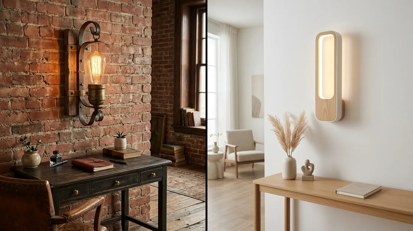 Comparatif applique murale bois vintage vs contemporaine - patine industrielle vs épuré minimaliste Image