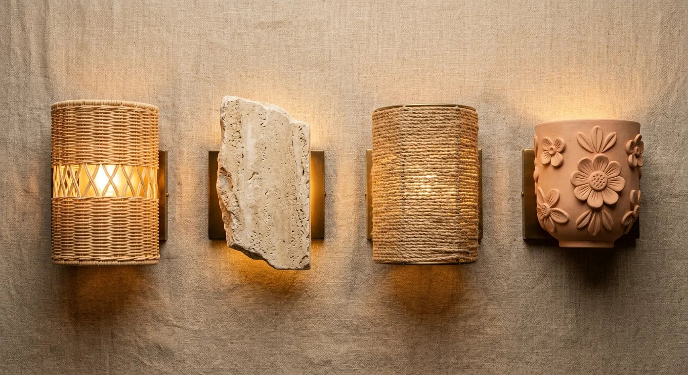 Comparatif appliques murales matières naturelles - rotin, pierre, corde chanvre, céramique