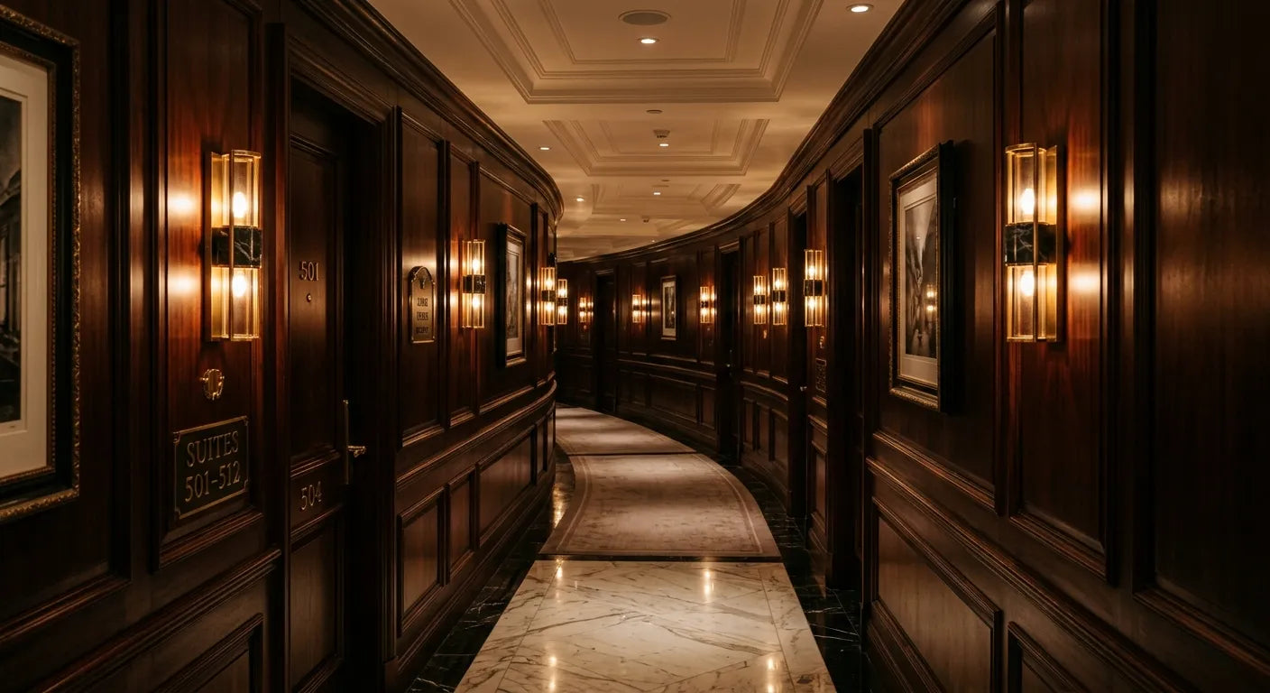 Couloir hôtel luxe avec appliques murales laiton et marbre - lighting design haut de gamme Image