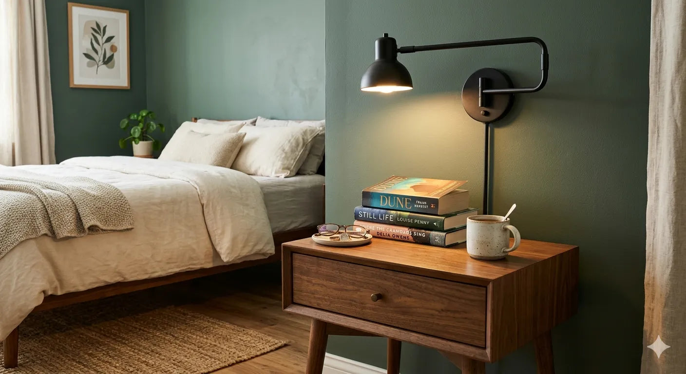 Applique murale orientable noire au-dessus d'une table de chevet en bois design dans une chambre Image