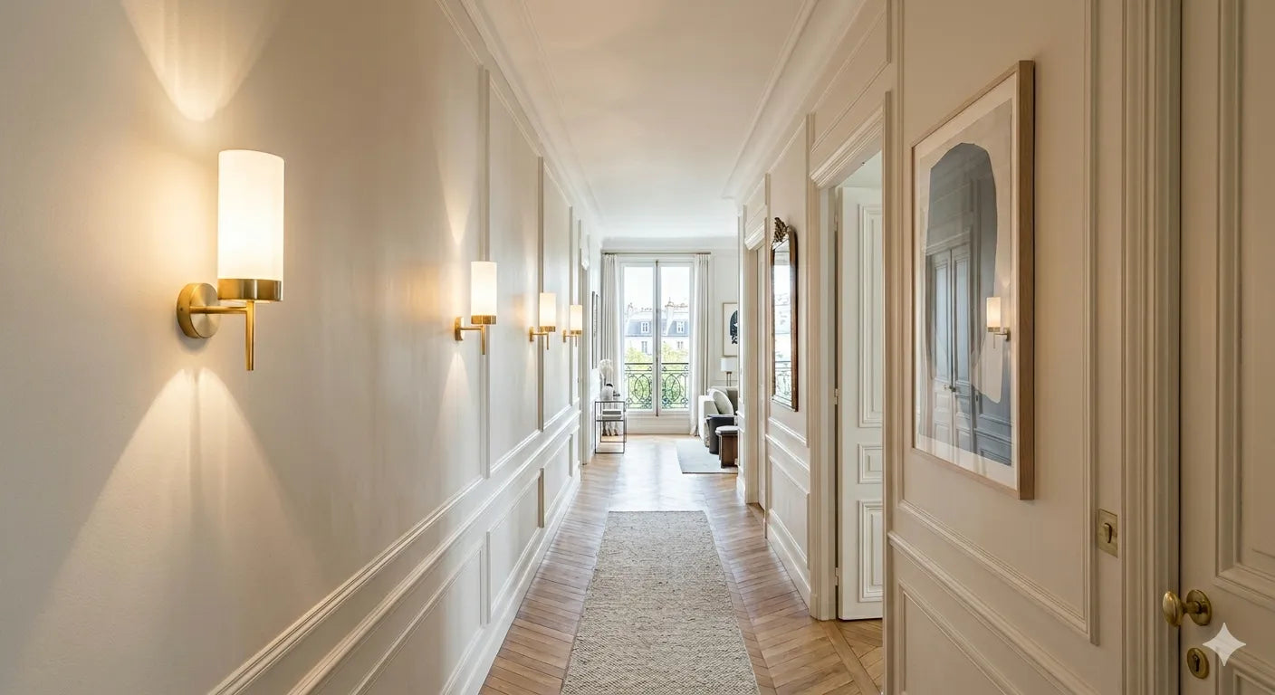 enfilade-appliques-murales-couloir-perspective-lumineuse-laiton Image