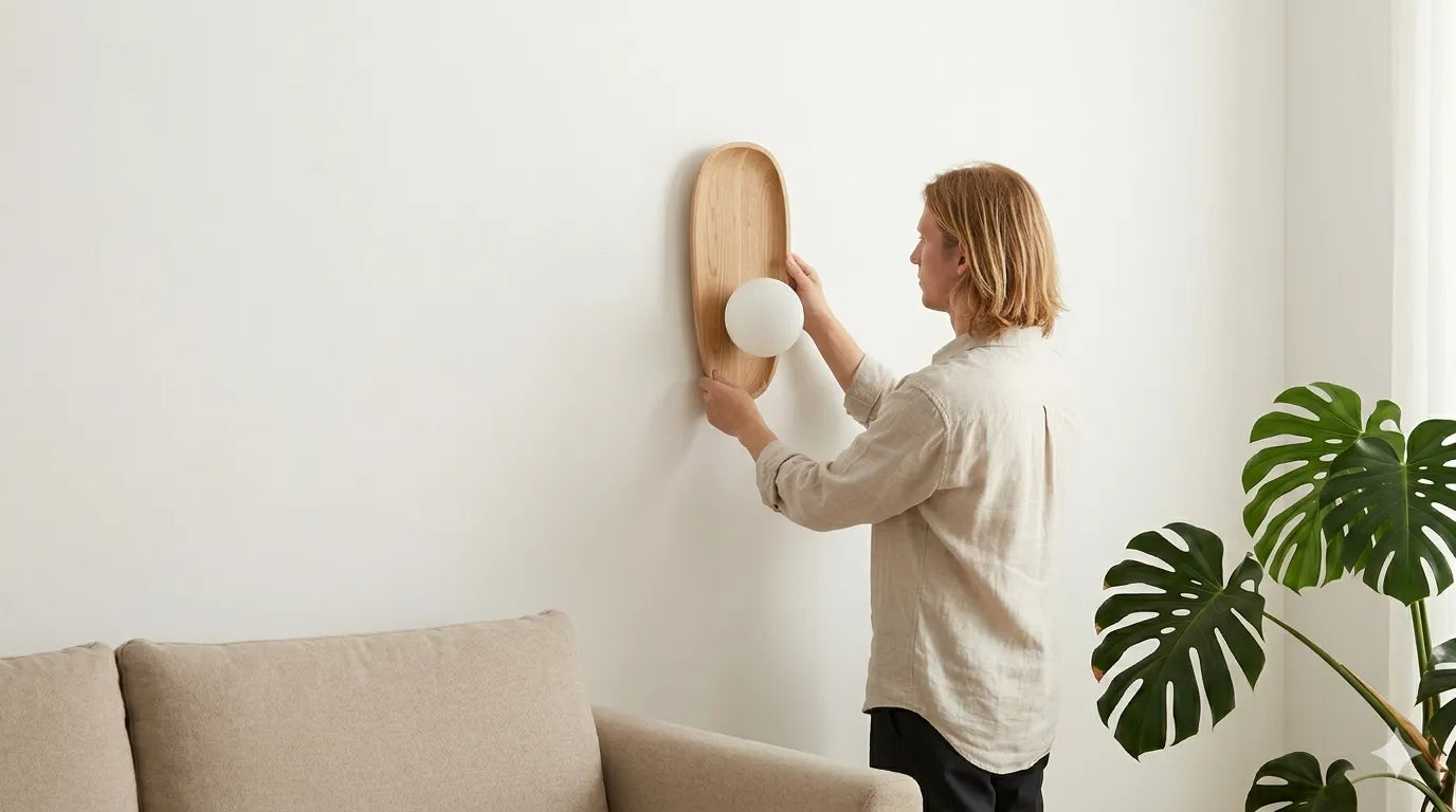 Personne mesurant la hauteur pour installer une applique murale design Image