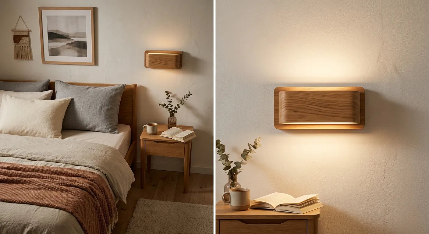 Applique murale bois nordique éclairant une chambre de 15m² avec lumière chaude 2700K Image