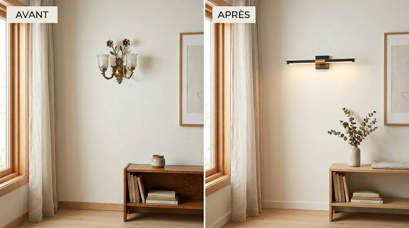 Avant-après d'un ancien luminaire remplacé par une applique murale moderne