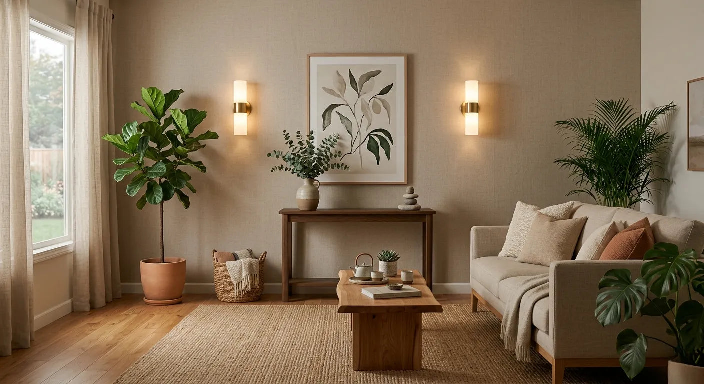 Salon feng shui avec appliques murales symétriques lumière indirecte douce ambiance zen Image