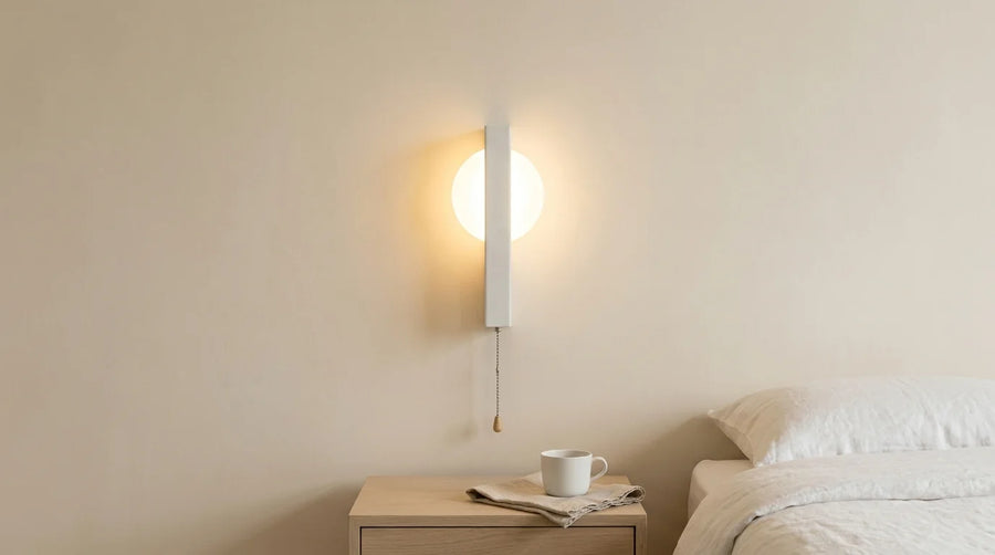 Applique murale blanche allumée au-dessus d'une table de chevet en chêne clair