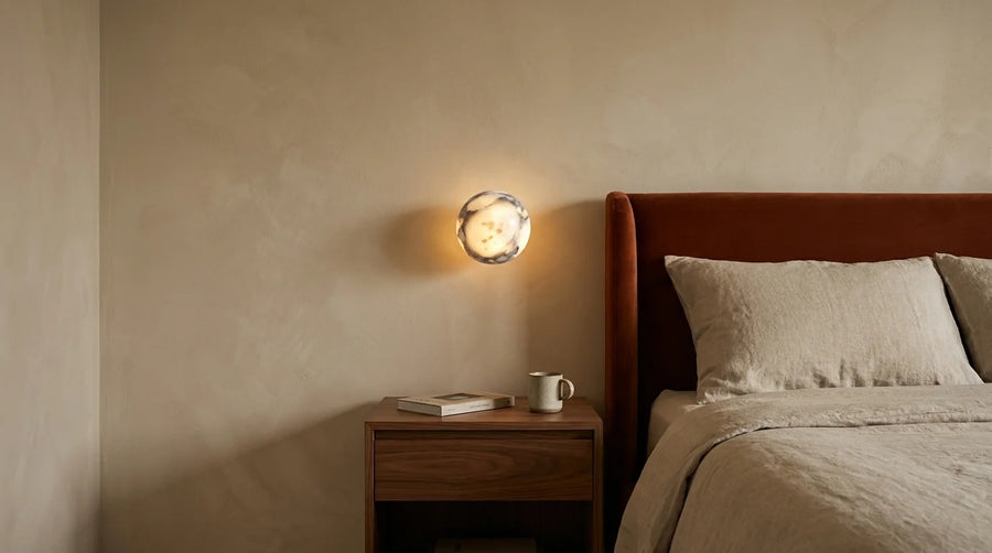 Applique murale boule façon albâtre allumée au-dessus d'une table de chevet dans une chambre