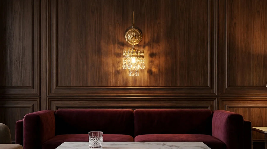 Applique murale de luxe en cristal allumée dans un salon aux boiseries sombres