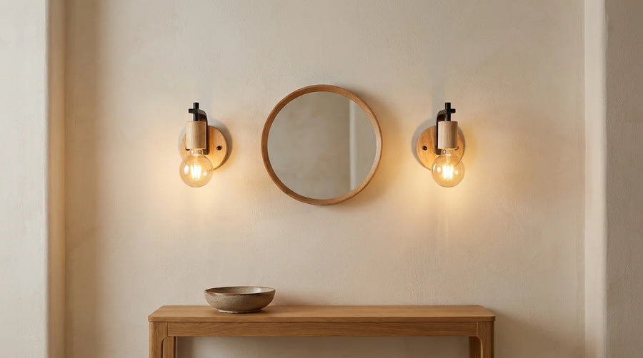 Paire d'appliques murales en bois allumées de part et d'autre d'un miroir rond