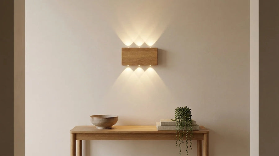 Applique murale LED rechargeable effet bois allumée sans câble au-dessus d'une console d'entrée