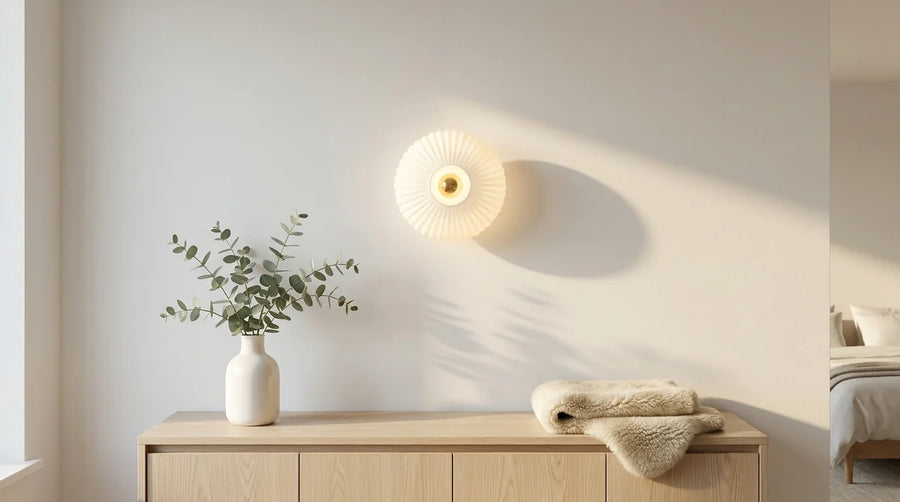 Applique murale scandinave en verre strié blanc allumée au-dessus d'un buffet en frêne