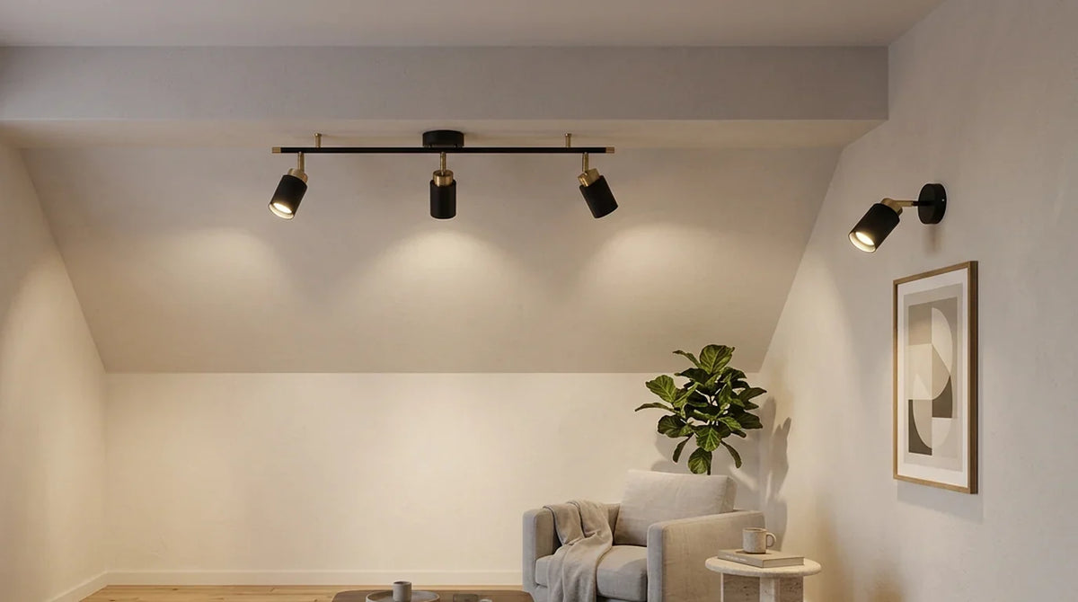 Spots de plafond sur rail noir et laiton et spot mural orientable éclairant un tableau dans un salon