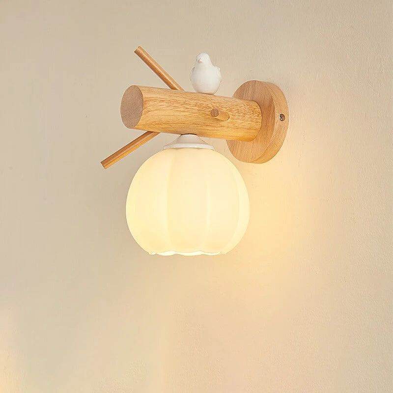 Applique Murale Oiseau Bois – Verre Blanc E27 Orientable