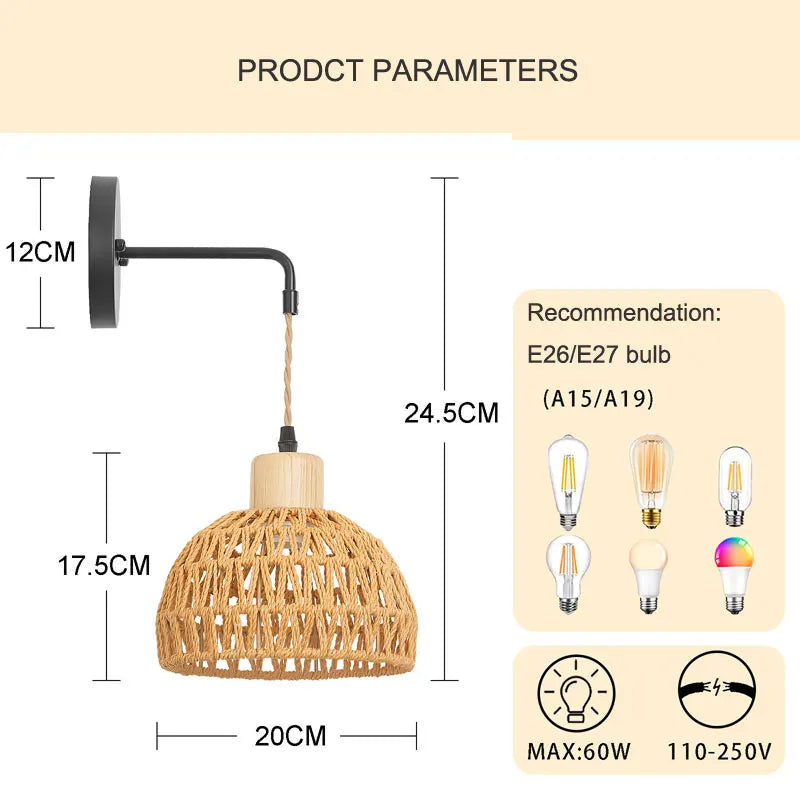 Applique murale japonaise en rotin et bois