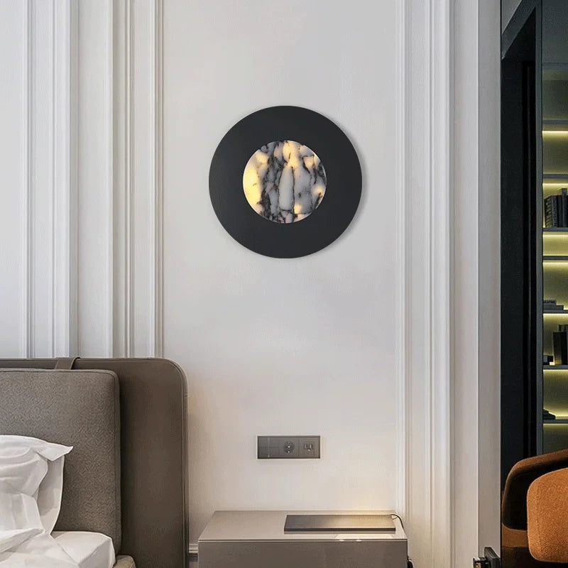 Applique murale marbre noir LED – lampe Art Déco ronde haut de gamme