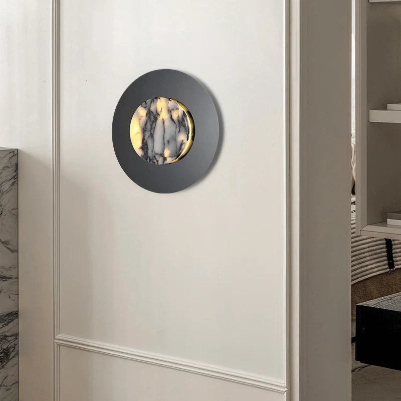 Applique murale marbre noir LED – lampe Art Déco ronde haut de gamme