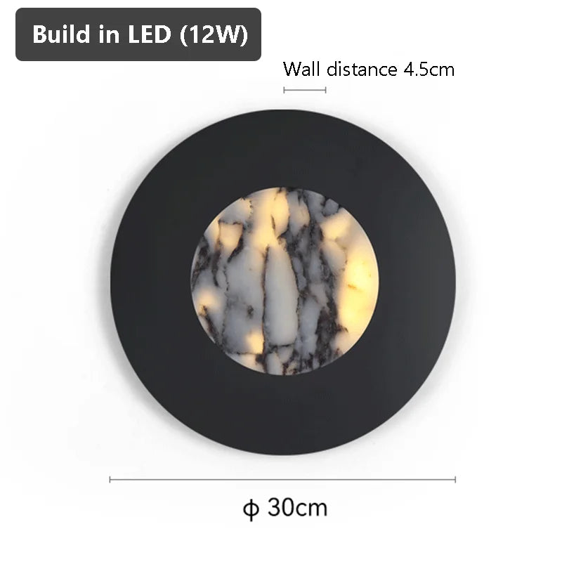 Applique murale marbre noir LED – lampe Art Déco ronde haut de gamme