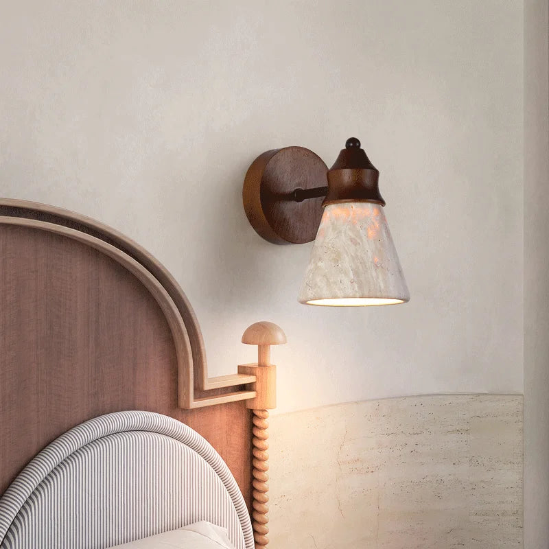 Applique murale travertin naturel et bois LED – lampe nordique élégante