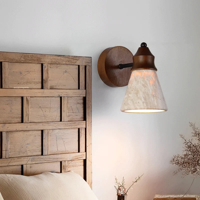Applique murale travertin naturel et bois LED – lampe nordique élégante