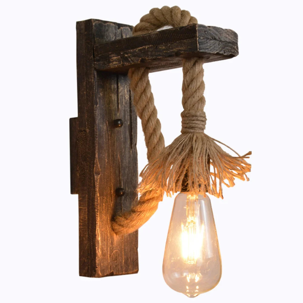 Applique murale vintage bois et corde de chanvre