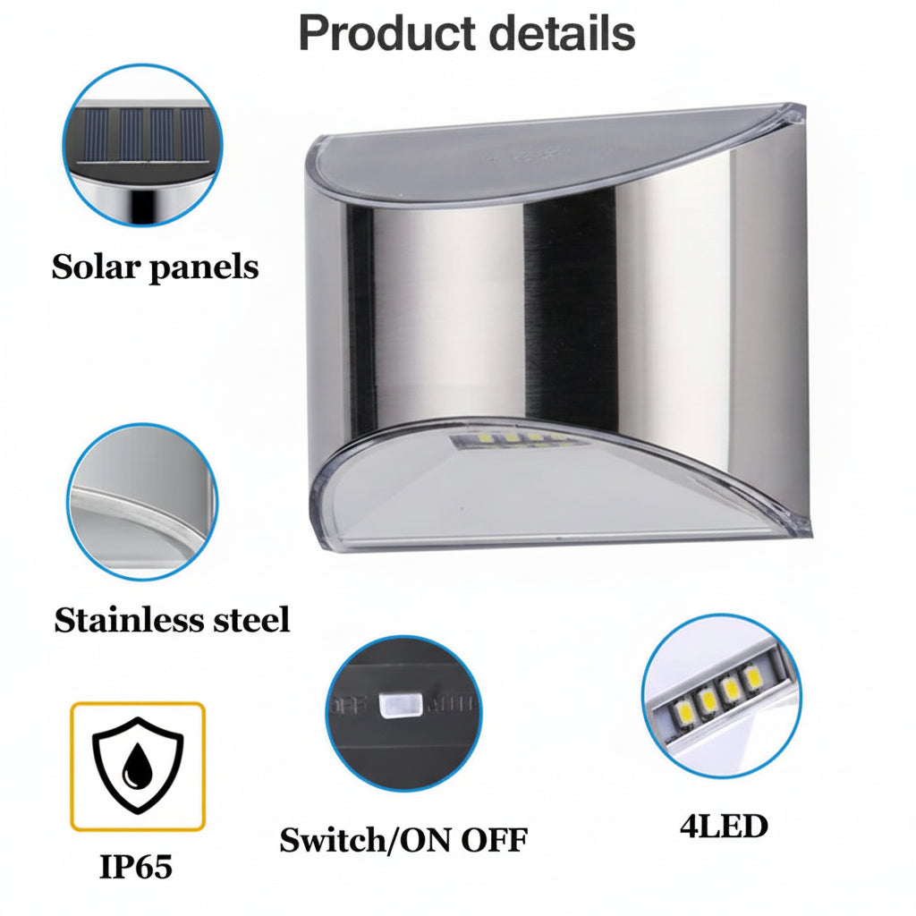 Lot de 2 lampes solaires murales LED inox – Éclairage extérieur