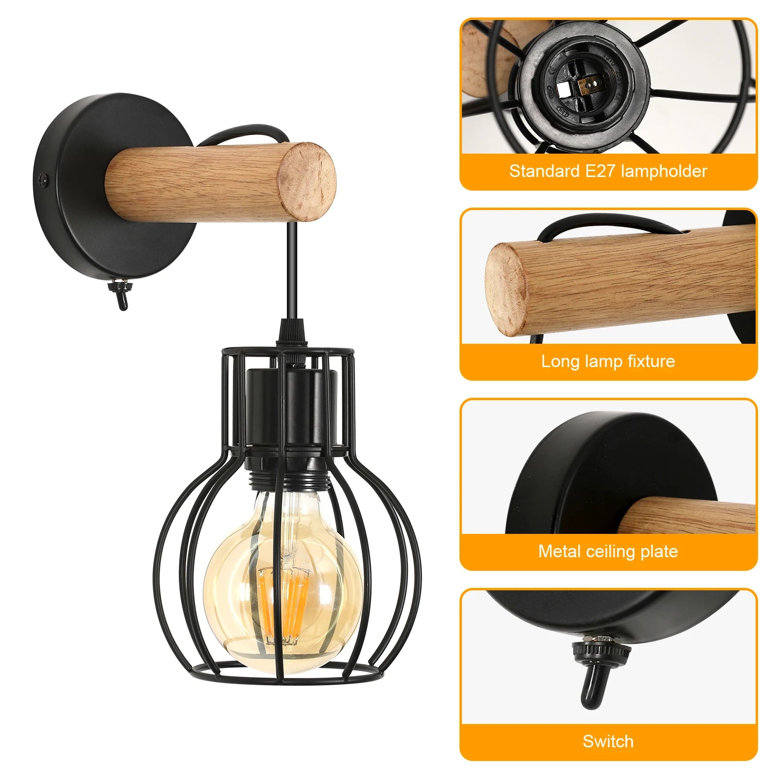 Applique murale rétro bois & métal