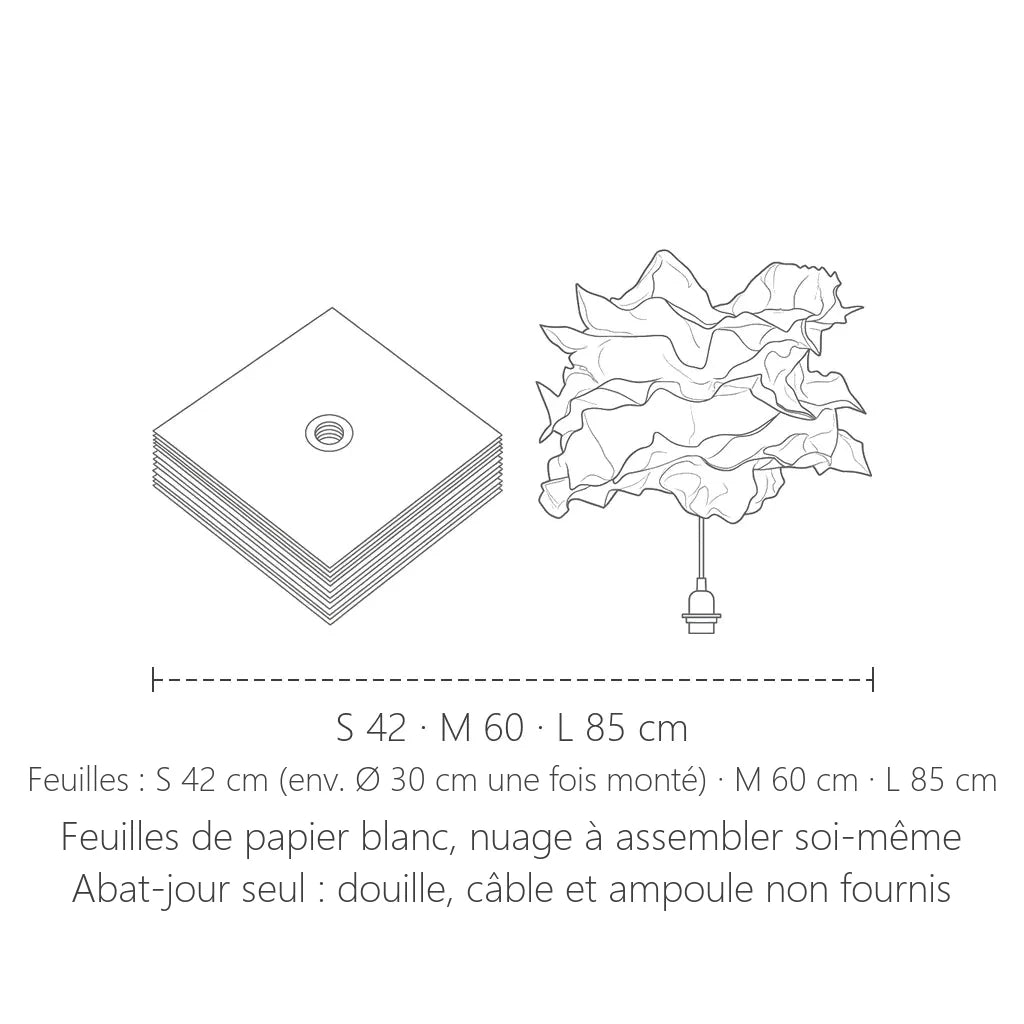 Dimensions de l’abat-jour nuage en papier : S 42, M 60 ou L 85 cm
