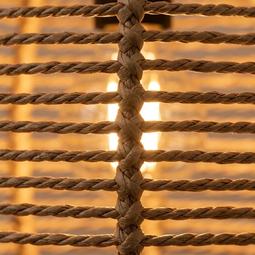 Tressage du rotin et ampoule vus de près