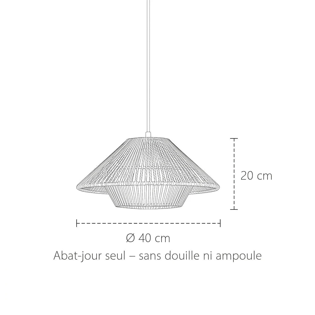 Dimensions de l’abat-jour cône tressé : Ø 40 cm, 20 cm de haut