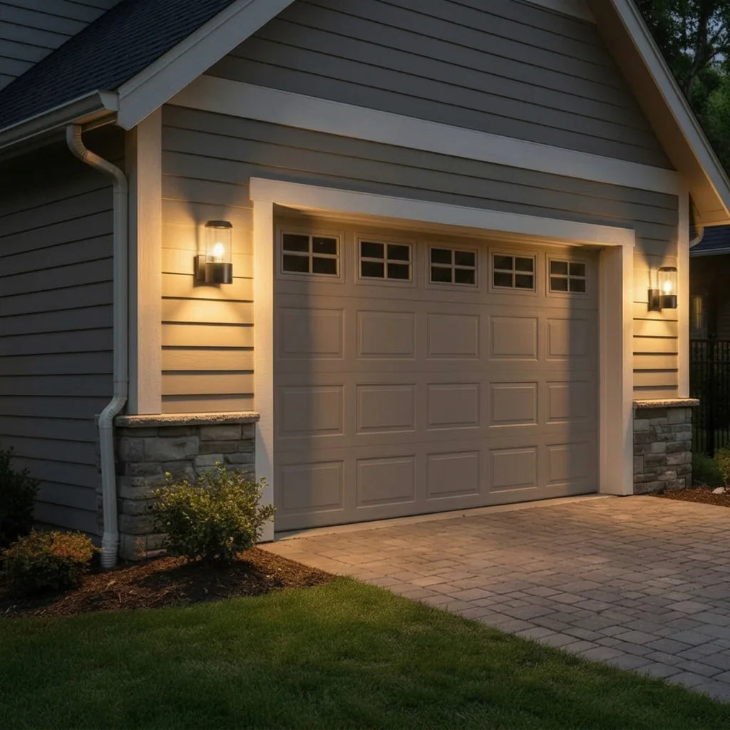 Deux appliques extérieures cylindre de part et d'autre d'une porte de garage