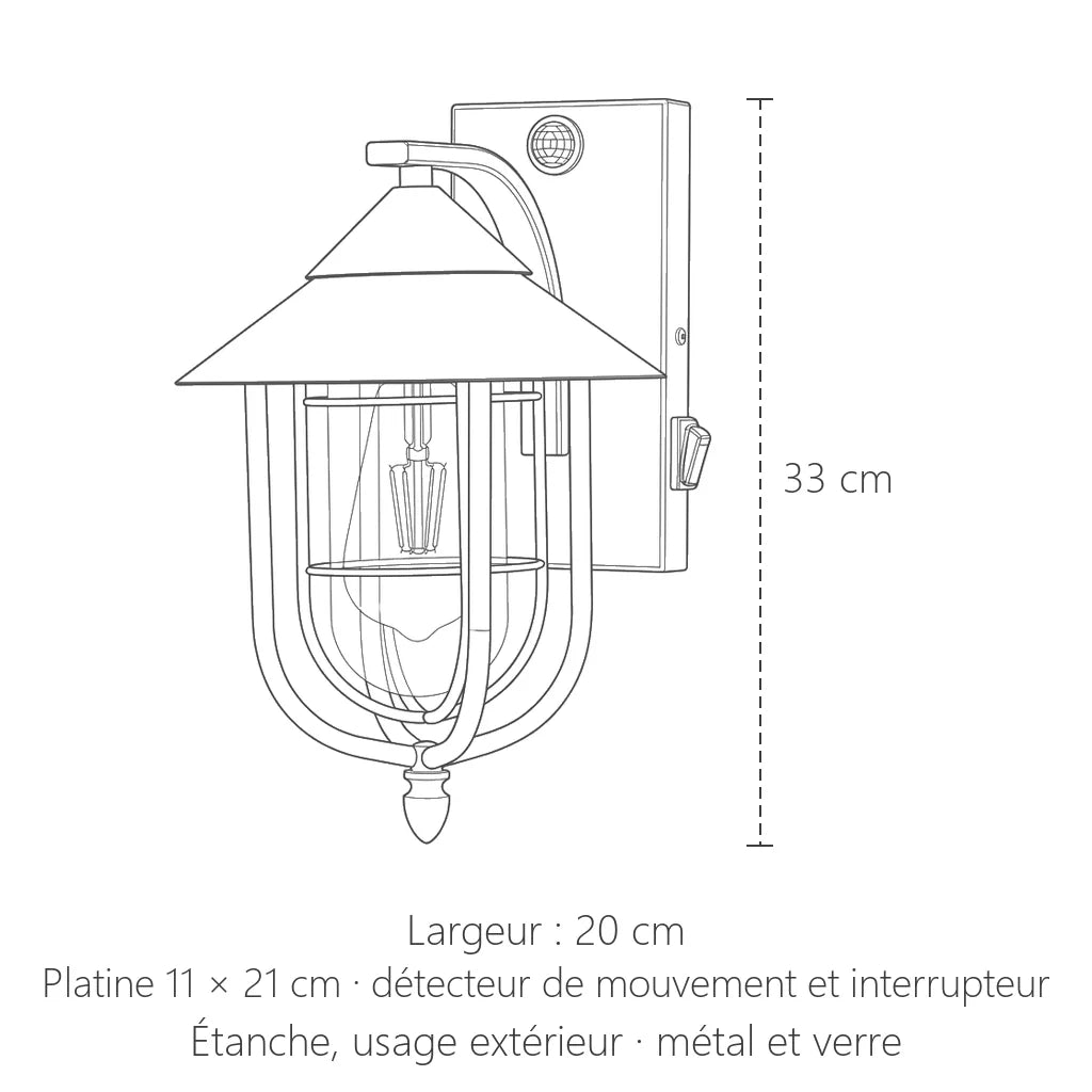 Dimensions de la lanterne extérieure à détecteur : 33 cm de haut, 20 cm de large