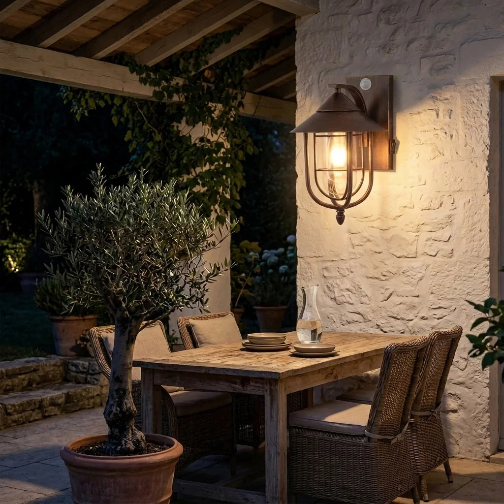 Lanterne bronze à détecteur au-dessus d'une table de terrasse la nuit